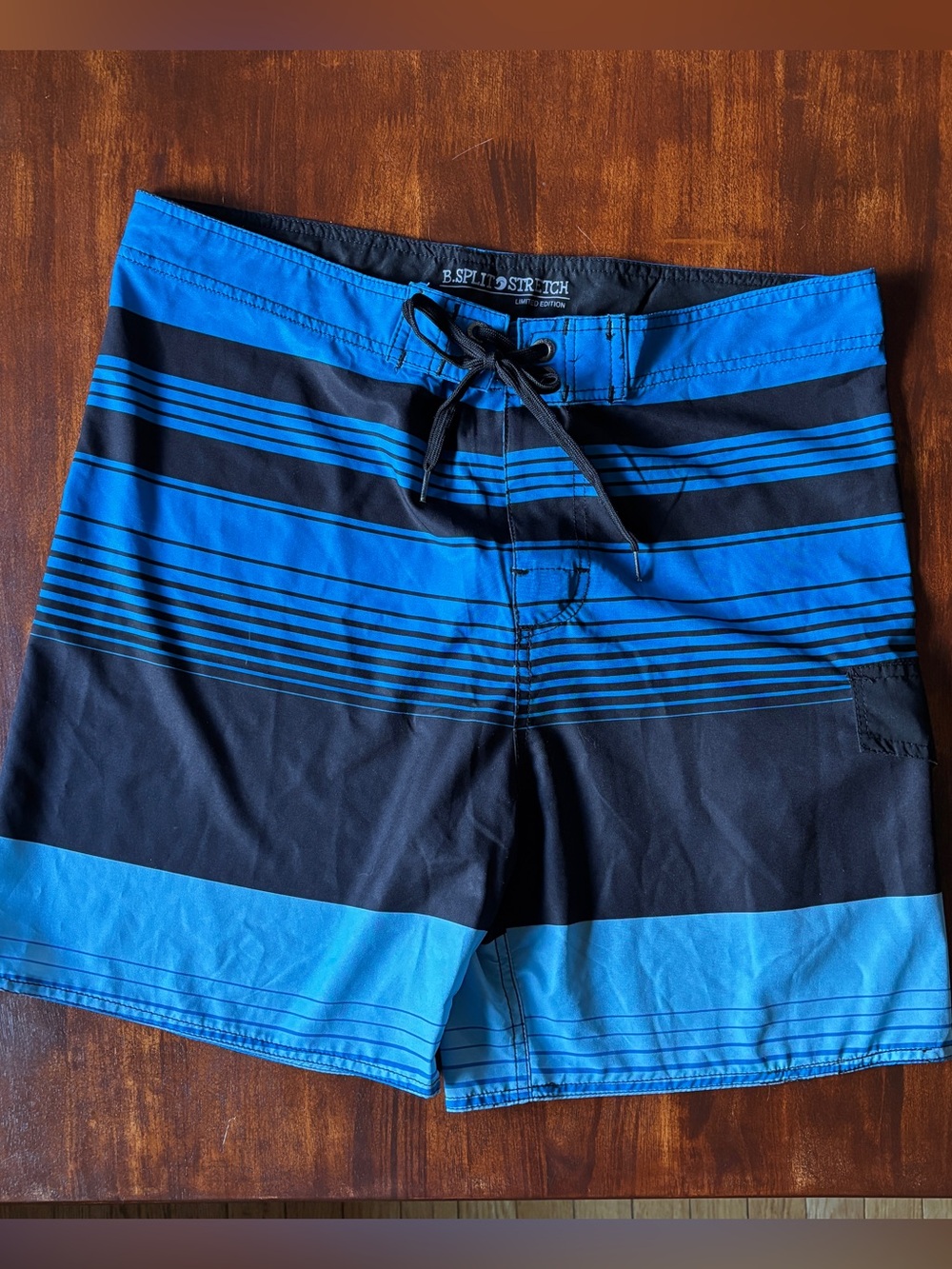 B.Split Stretch Men's Board Shorts XXL Swim Trunks Lace Up Blue